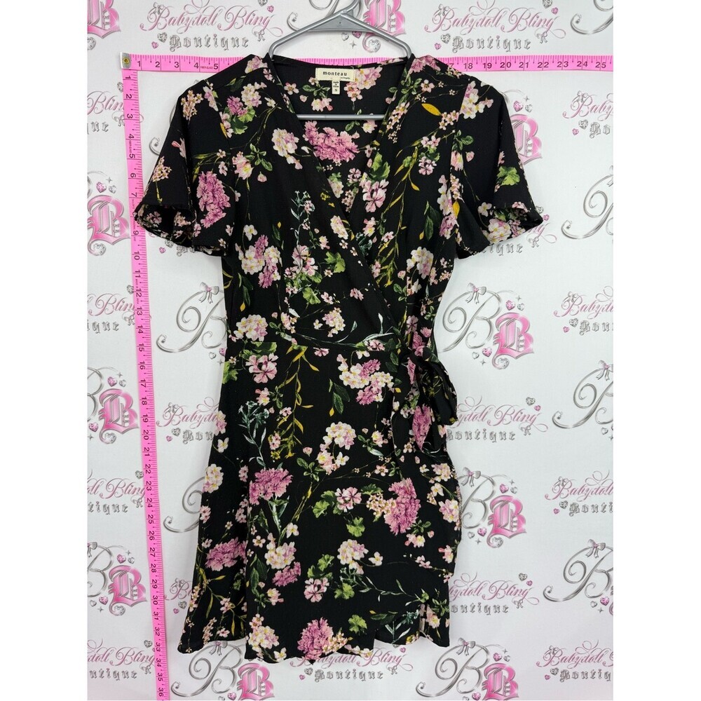 Monteau LA dress Black Floral Wrap Mini Dress with Pink and Green Blooms